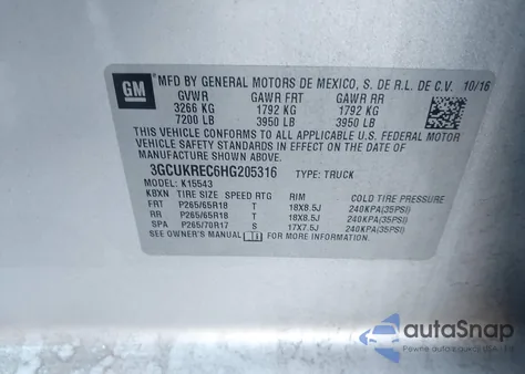 2017 Chevrolet Silverado 1500 2Lt из США, поврежденный, VIN 3GCUKREC6HG205316